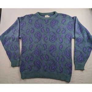 Vintage 90s Men's Large Sweater Paisley Print Retro Geek Chic Teal Purple